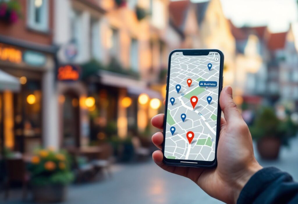 Smartphone mit Kartenansicht und markiertem Unternehmensstandort – lokales SEO und Google Maps