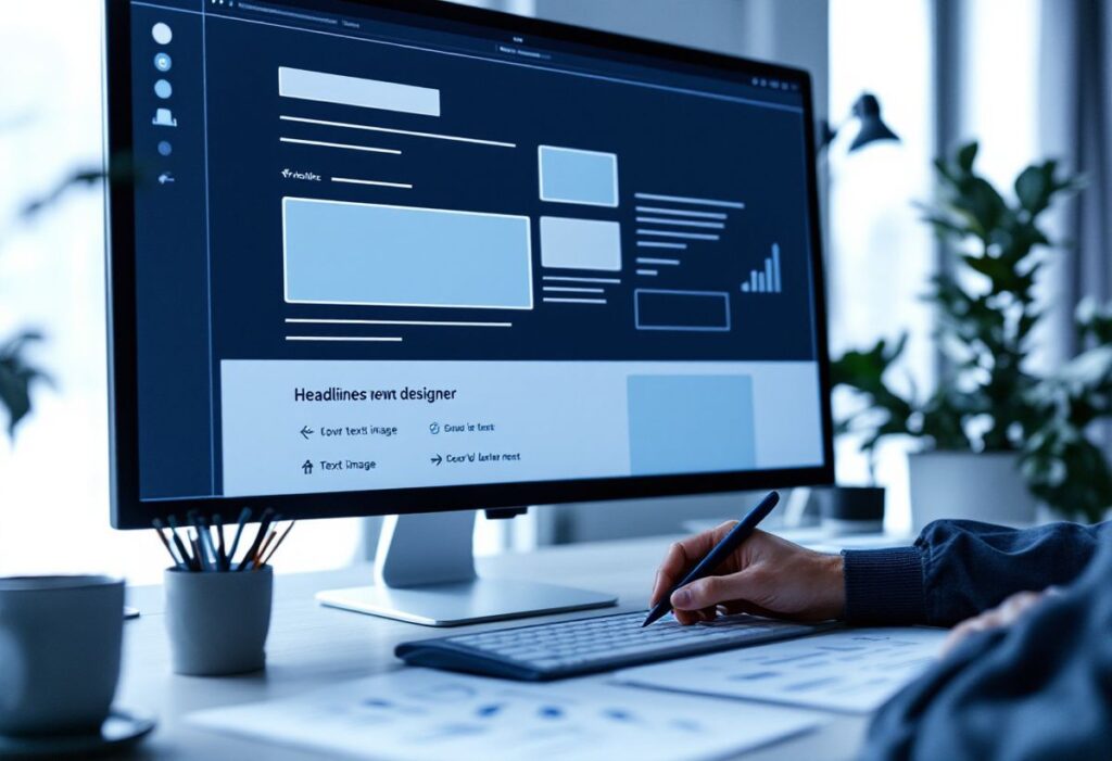 Webdesigner arbeitet am Seitenlayout mit Überschriften und Textblöcken – Onpage-SEO
