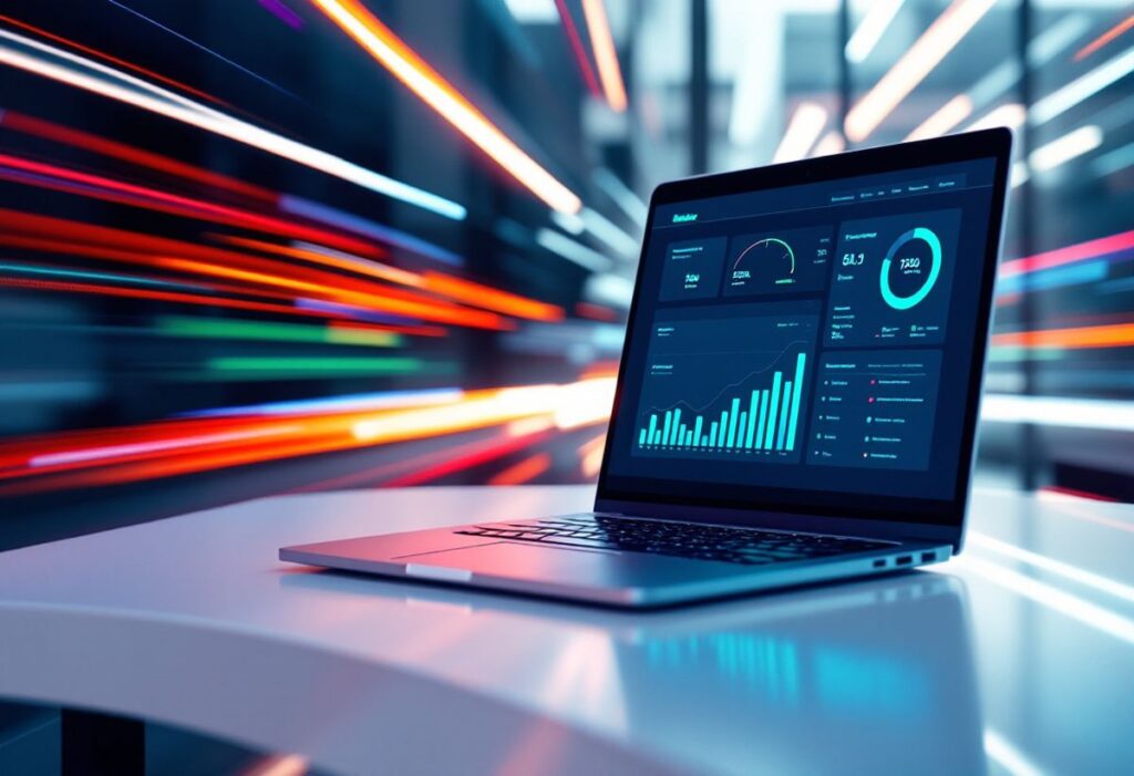 Laptop mit Performance-Dashboard und Tempo-Anzeige – Website schneller machen